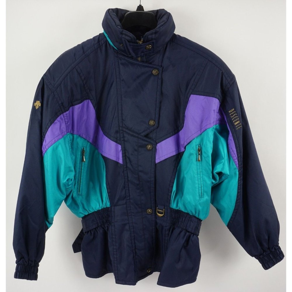 Vintage Descente Women's Size 14 Blue Belted Lined Insulated Zip Snap Ski Jacket